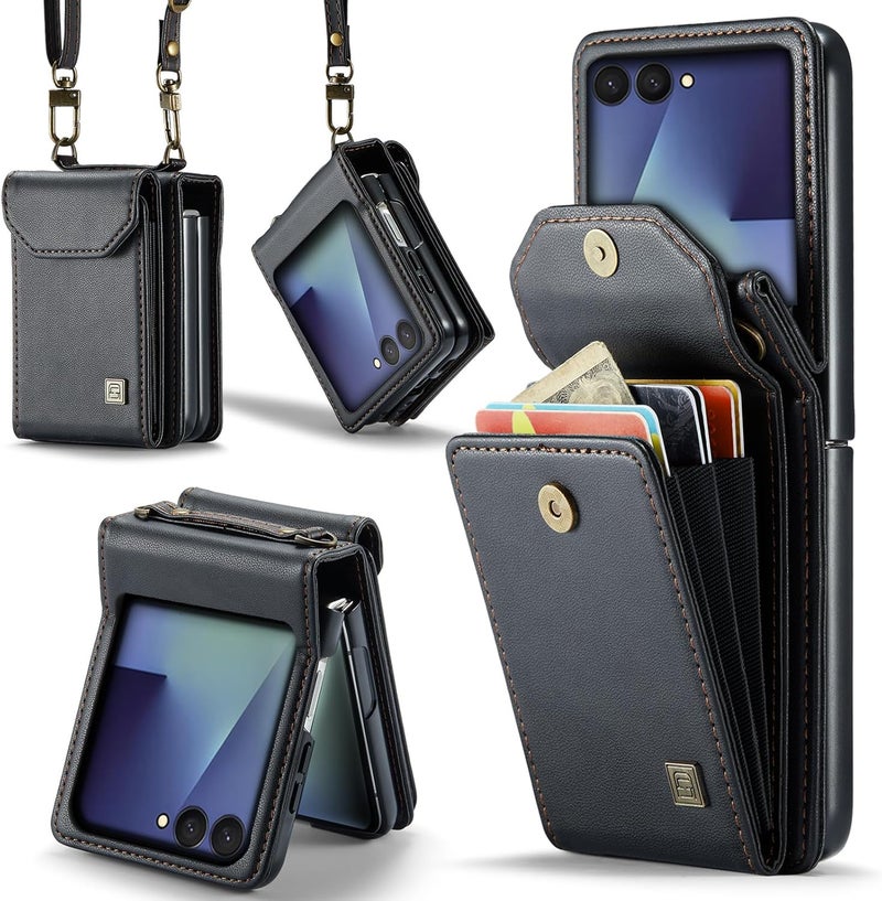 ASAPDOS Crossbody Case Compatible with Samsung Galaxy Z Flip 7,Retro PU Leather Strap Wristlet Flip Case with Magnetic Closure and Card Holder for Men Women Black - Image 1